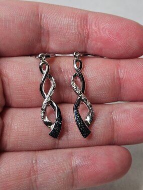925 Sterling Silver Blue & White Diamond Ribbon Swirl Earrings